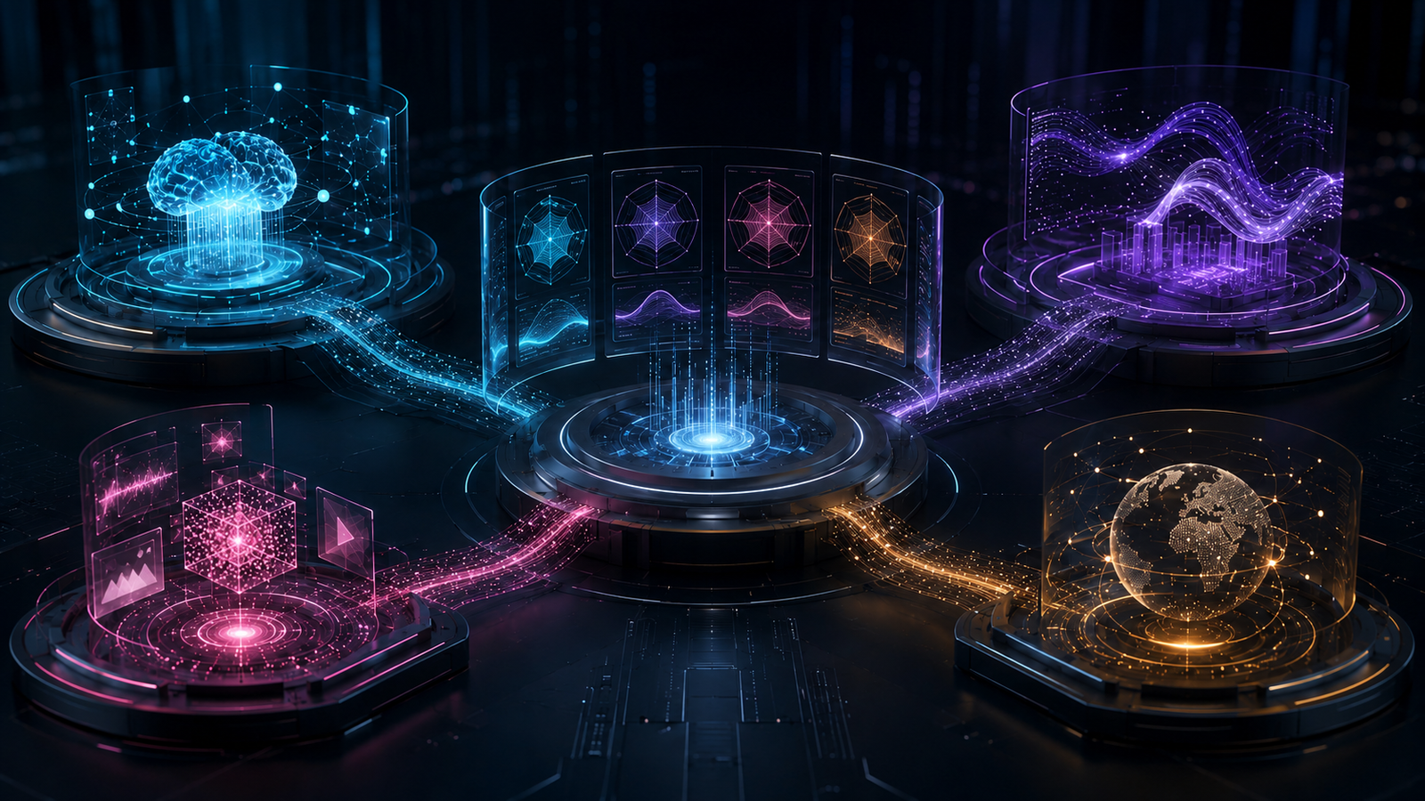 Concept illustration comparing four AI systems through connected displays for reasoning, data, media and networks.