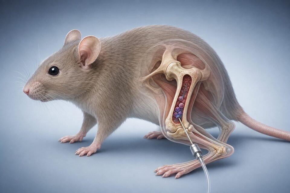 Cutaway of a mouse hindlimb showing intrafemoral nanoparticle delivery into the femur marrow