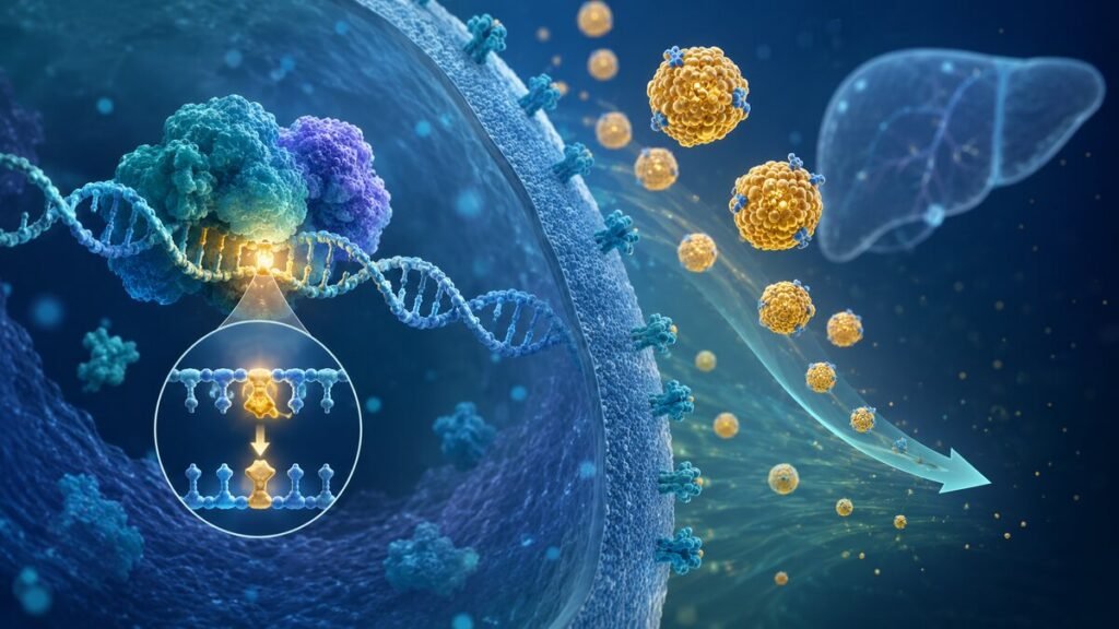 DNA base editing in a liver cell to reduce PCSK9 and LDL cholesterol