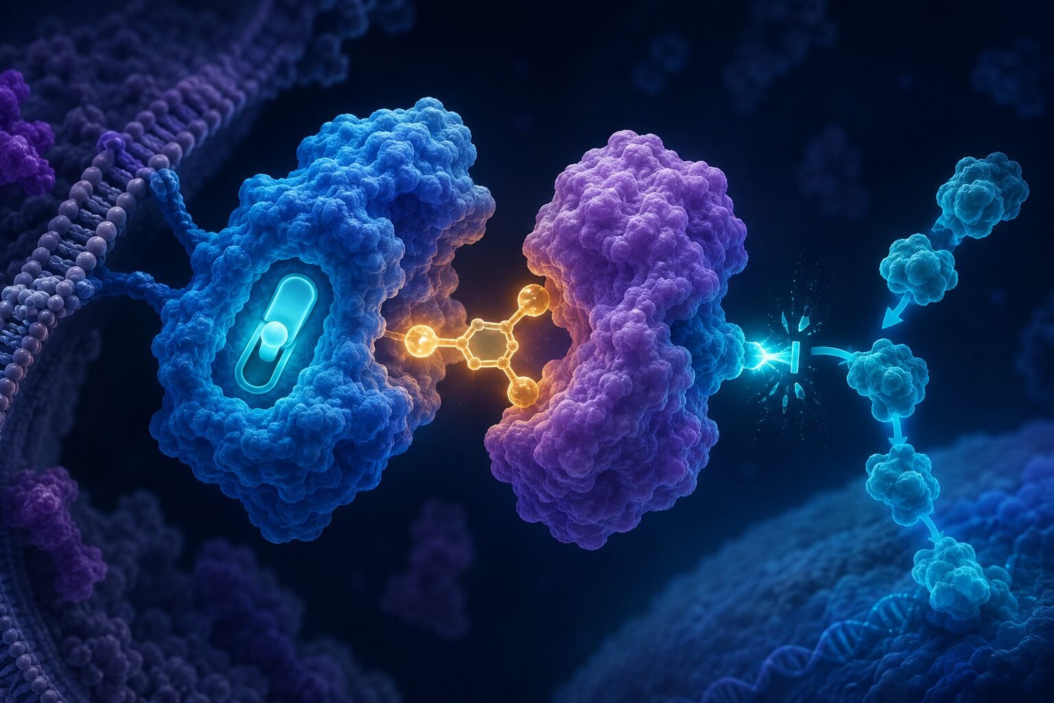 Scientific illustration of a molecular clamp interrupting RAS signalling