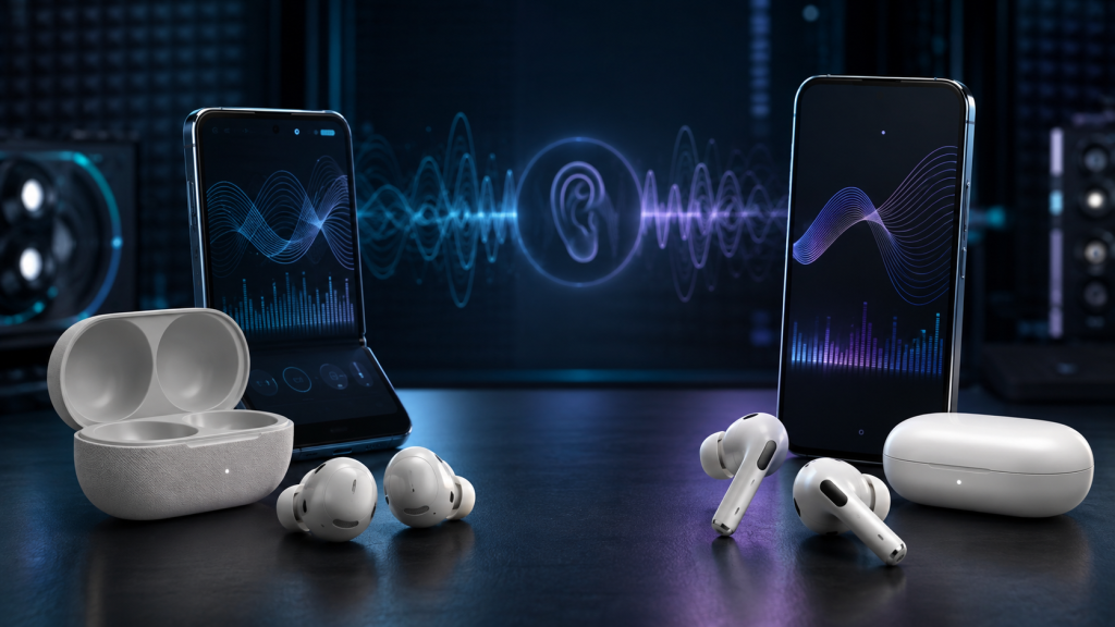 Samsung Galaxy Buds and Apple AirPods Pro beside smartphones and a digital hearing-test waveform