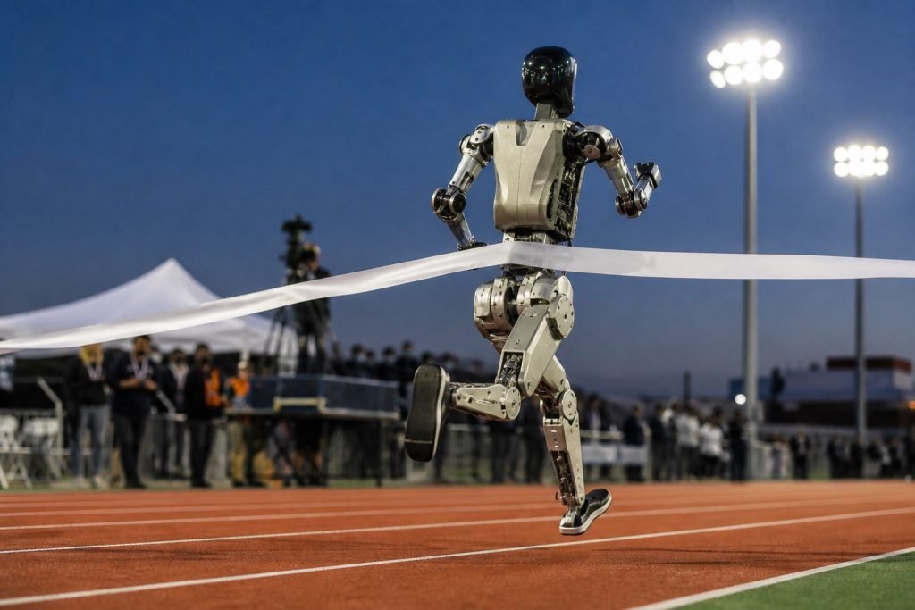 Humanoid robot sprinting on a track during a speed demonstration
