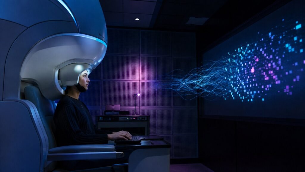 Volunteer typing inside a MEG scanner as brain signals are decoded into digital patterns