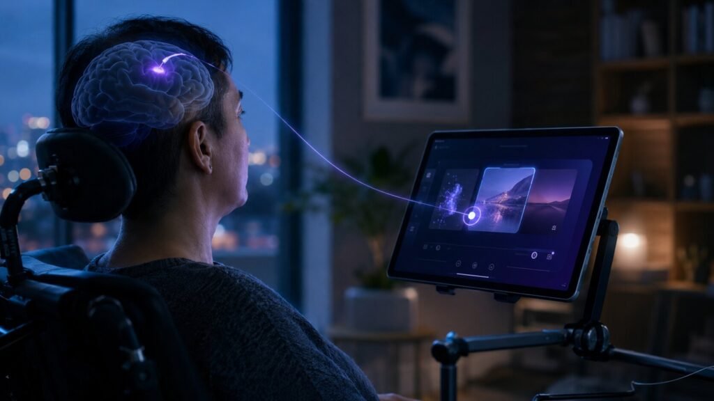 Person using a tablet through a brain-computer interface without physical movement