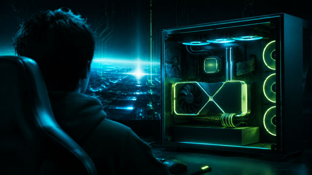 Futuristic gaming PC with an illuminated next-generation graphics card