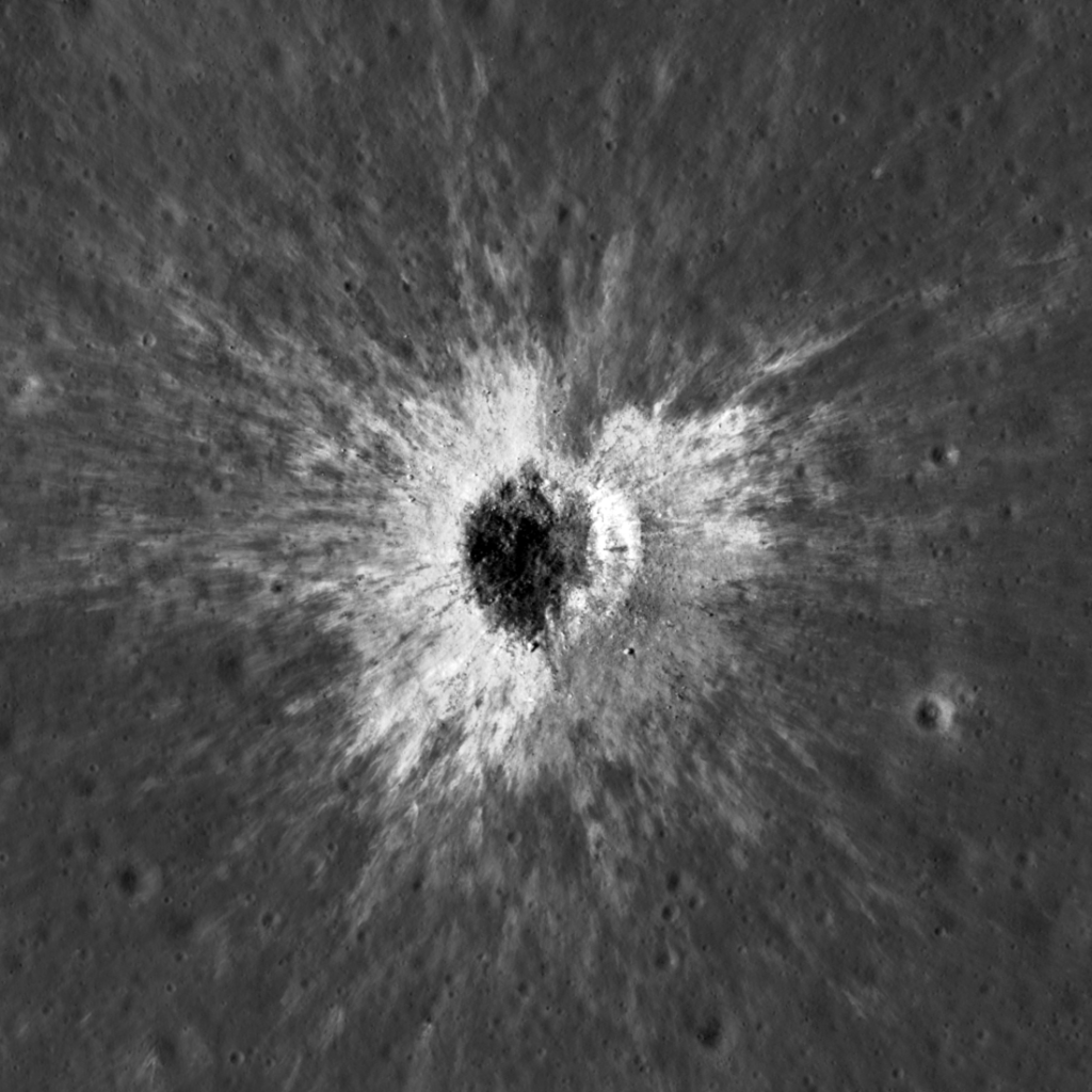 Orbital photograph of the fresh McGetchin crater and the material surrounding it