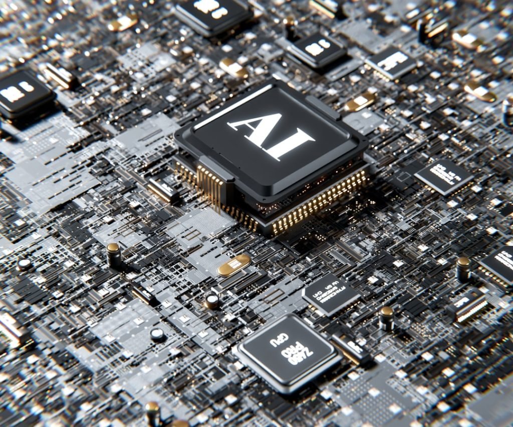 Concept illustration of AI and GPU processors on a circuit board