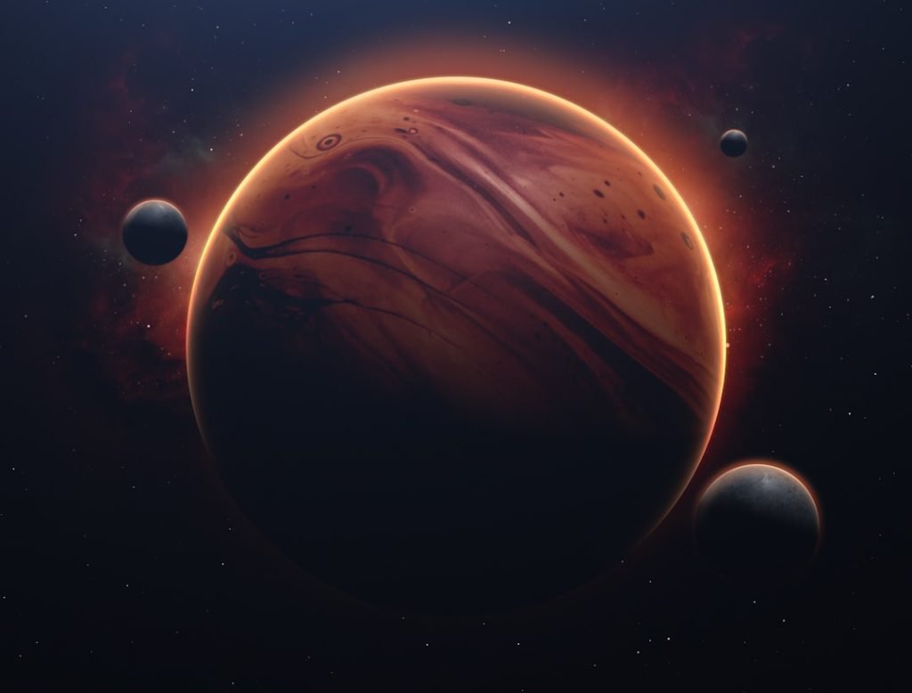 Artist’s illustration of a fictional gas giant and small moons