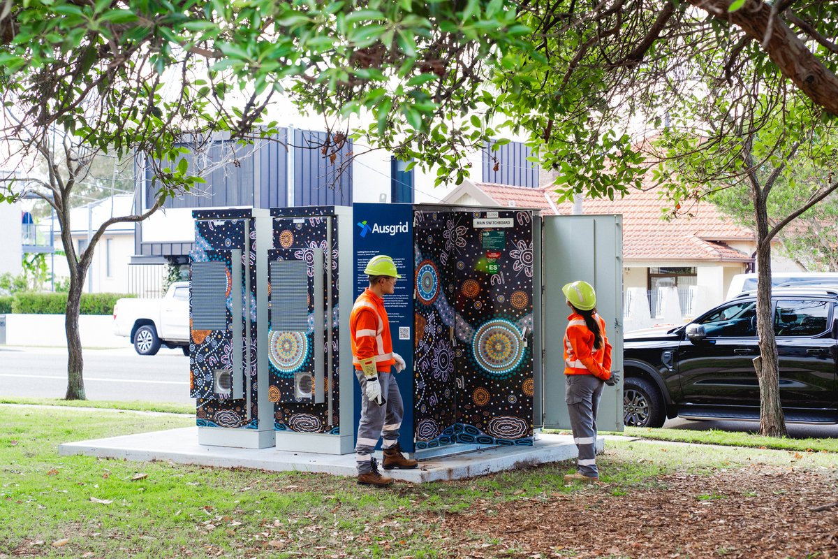 Two Ausgrid workers inspecting a community battery beside a residential street