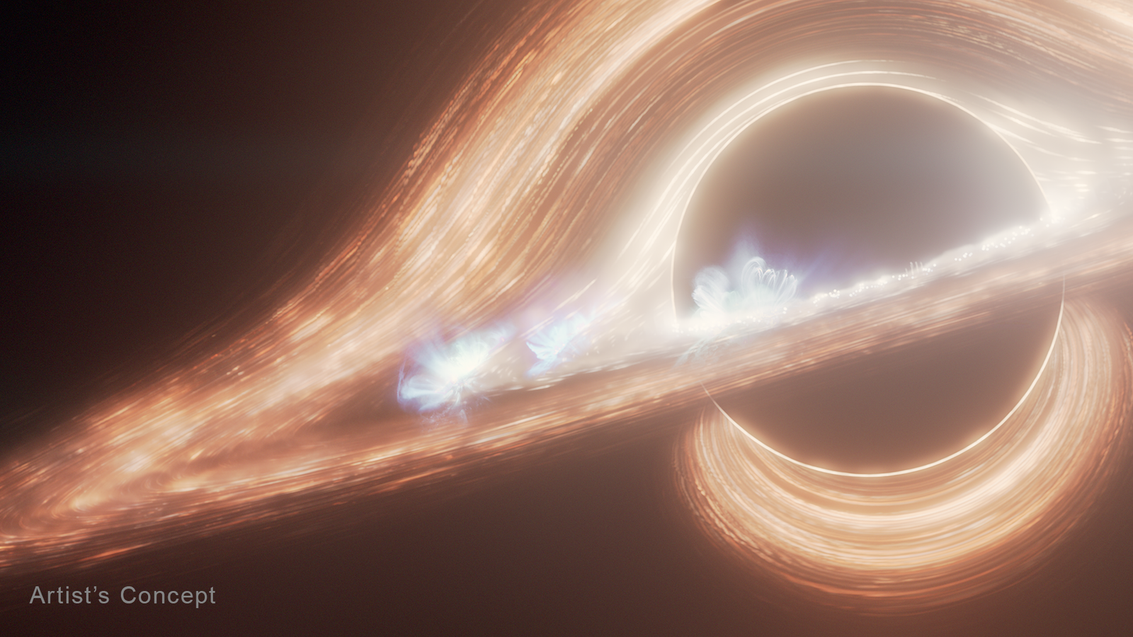 Artist’s concept of Sagittarius A*, with glowing gas and bright flares around the black hole’s dark shadow.