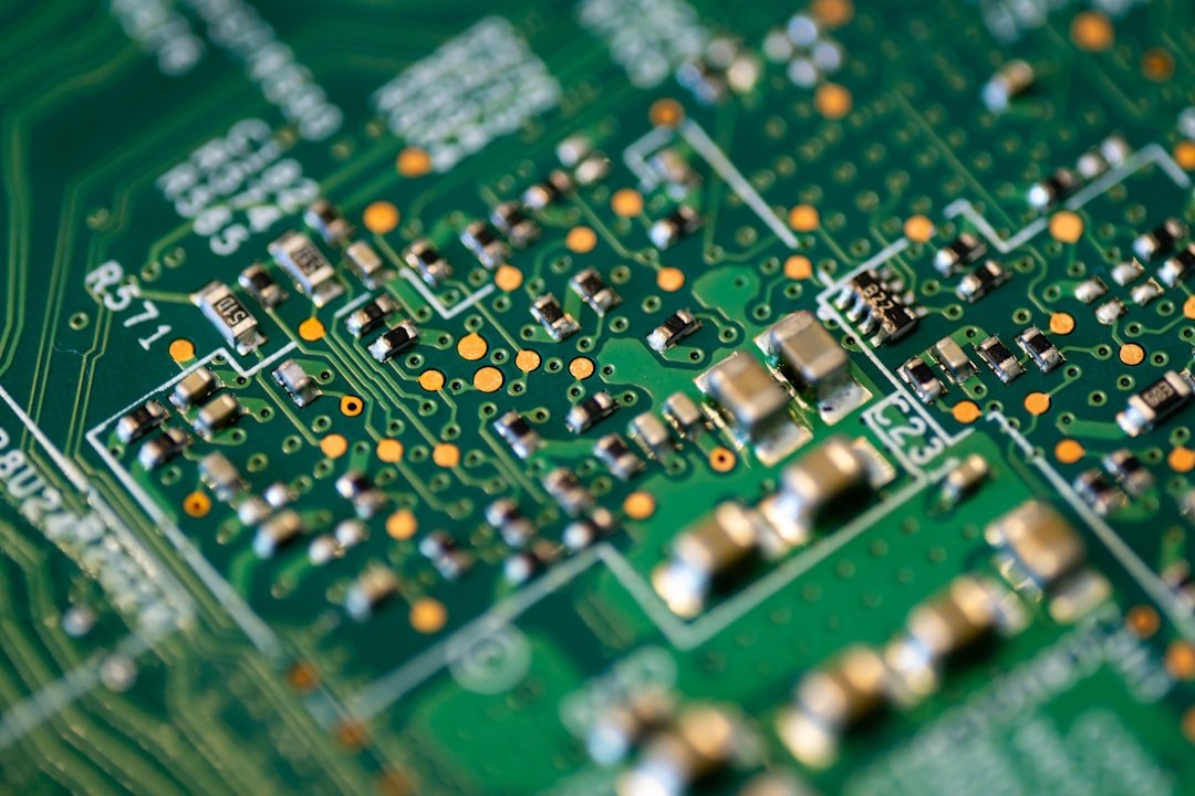 A close view of an electronic circuit board with metal components.