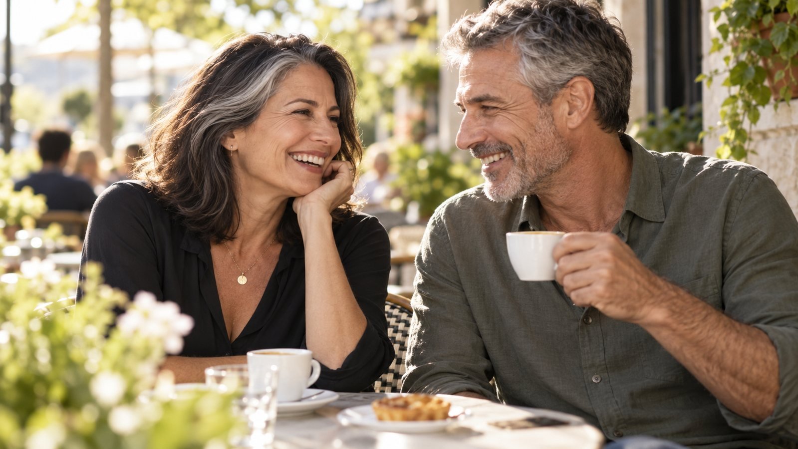 Illustration of a couple with naturally greying hair enjoying coffee outdoors.