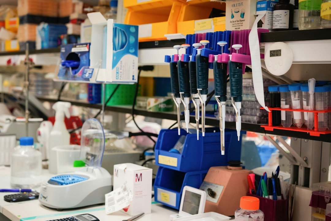 Laboratory workbench with equipment and supplies; representative photograph.