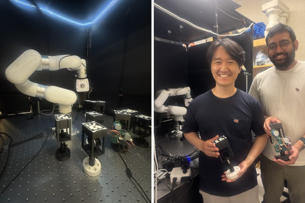 MIT’s optical laboratory robot beside researchers Seou Choi and Sachin Vaidya