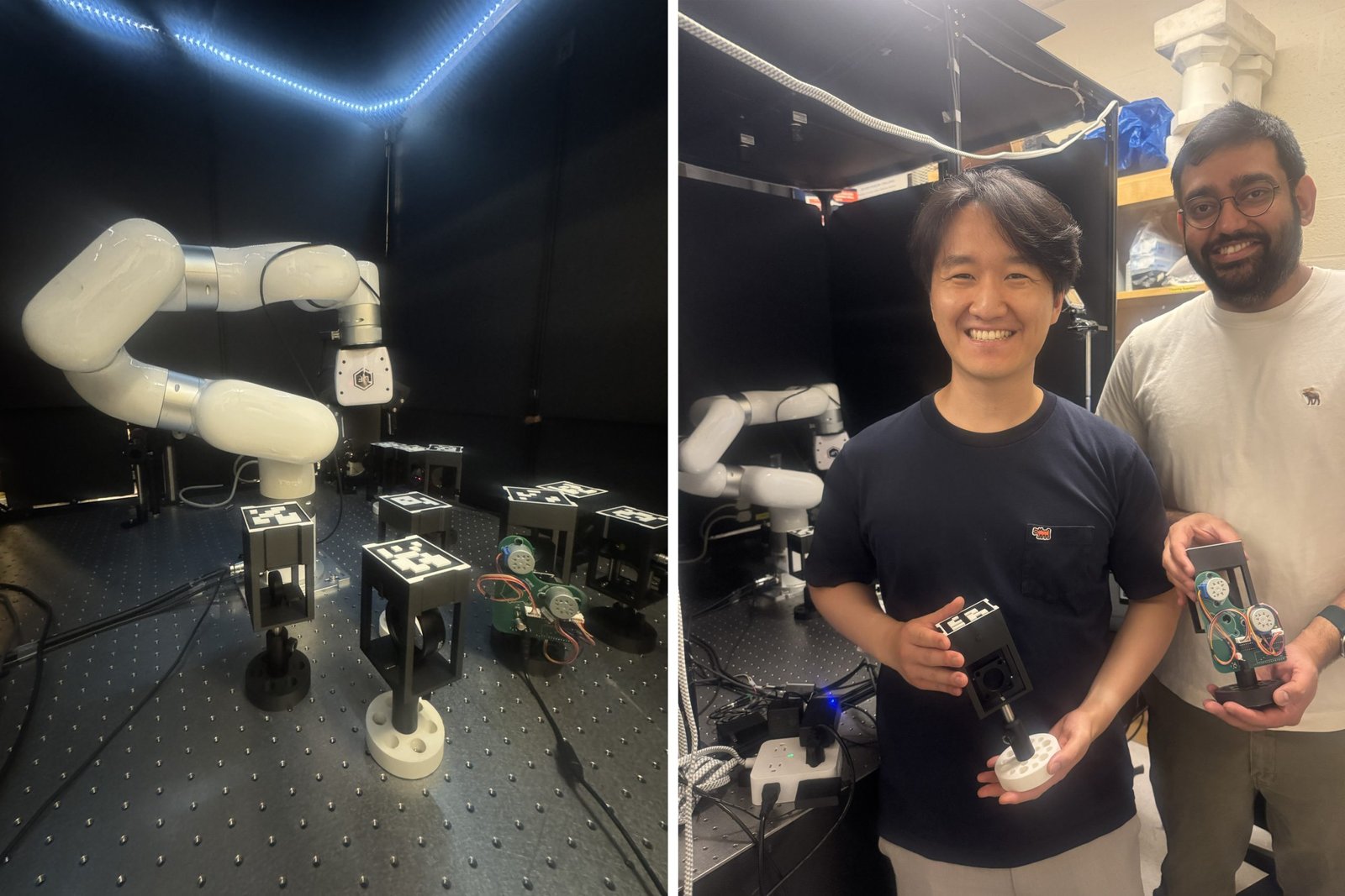 MIT’s optical laboratory robot beside researchers Seou Choi and Sachin Vaidya