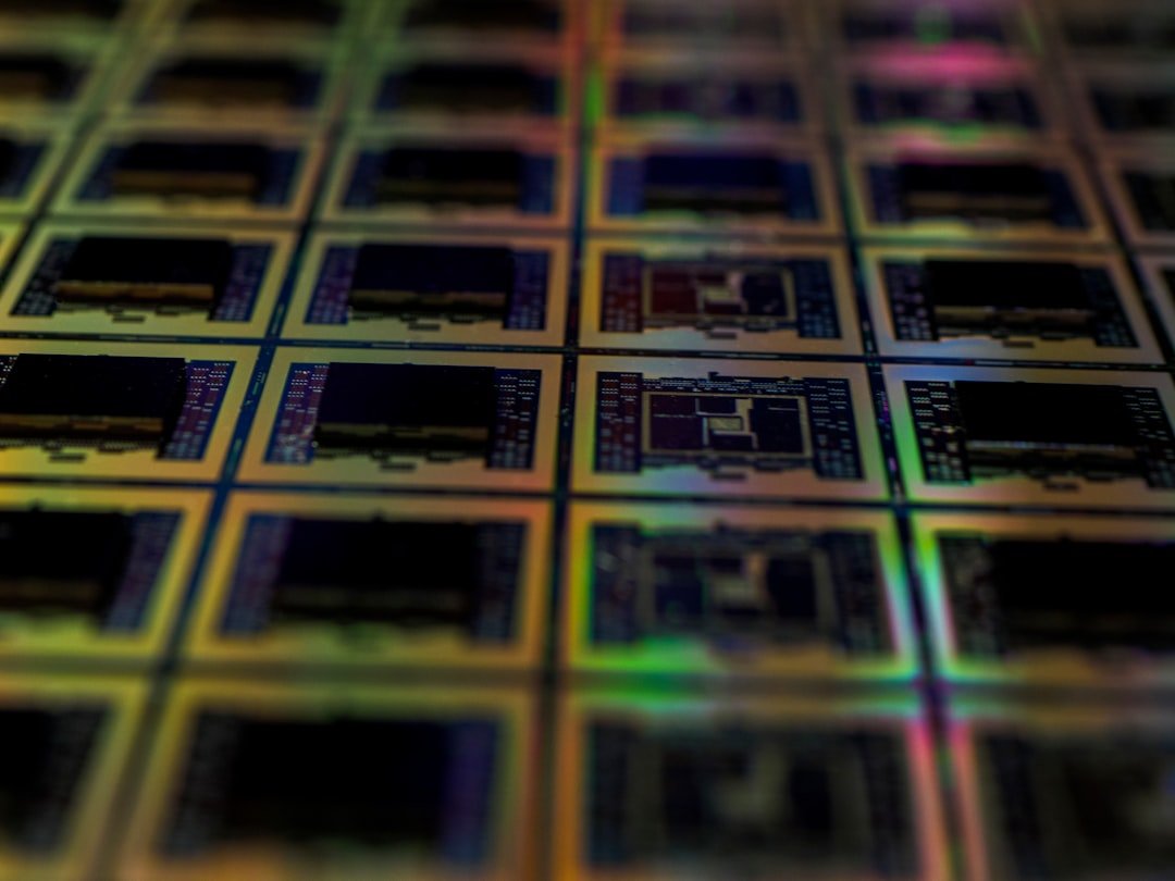 Close-up of a prototype silicon wafer with patterned chips.