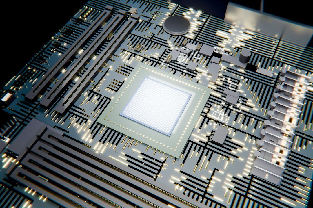Illustration of a computer chip on a circuit board.