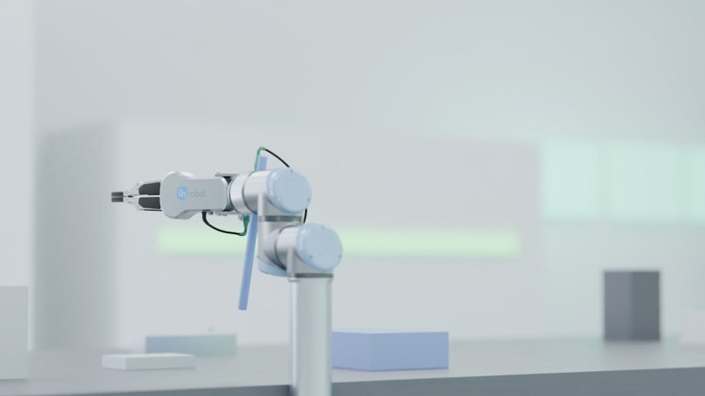 A robotic arm in a clean laboratory, used as a visual for robot learning.