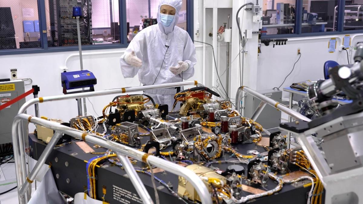 Roman Coronagraph Instrument optical hardware in a NASA JPL clean room during pre-launch testing