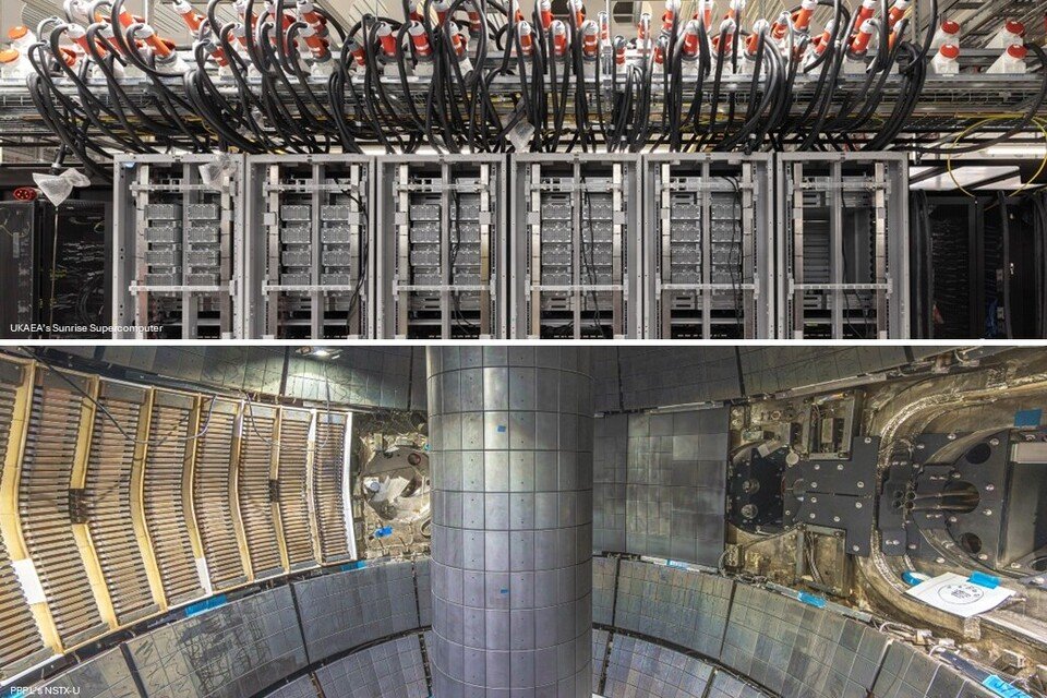UKAEA’s SUNRISE supercomputer above the interior of PPPL’s NSTX-U fusion experiment.
