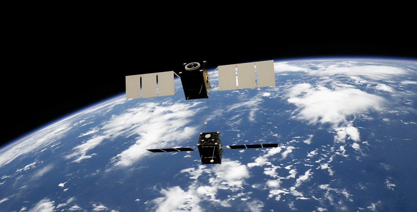 Illustration of two satellites with solar arrays above Earth