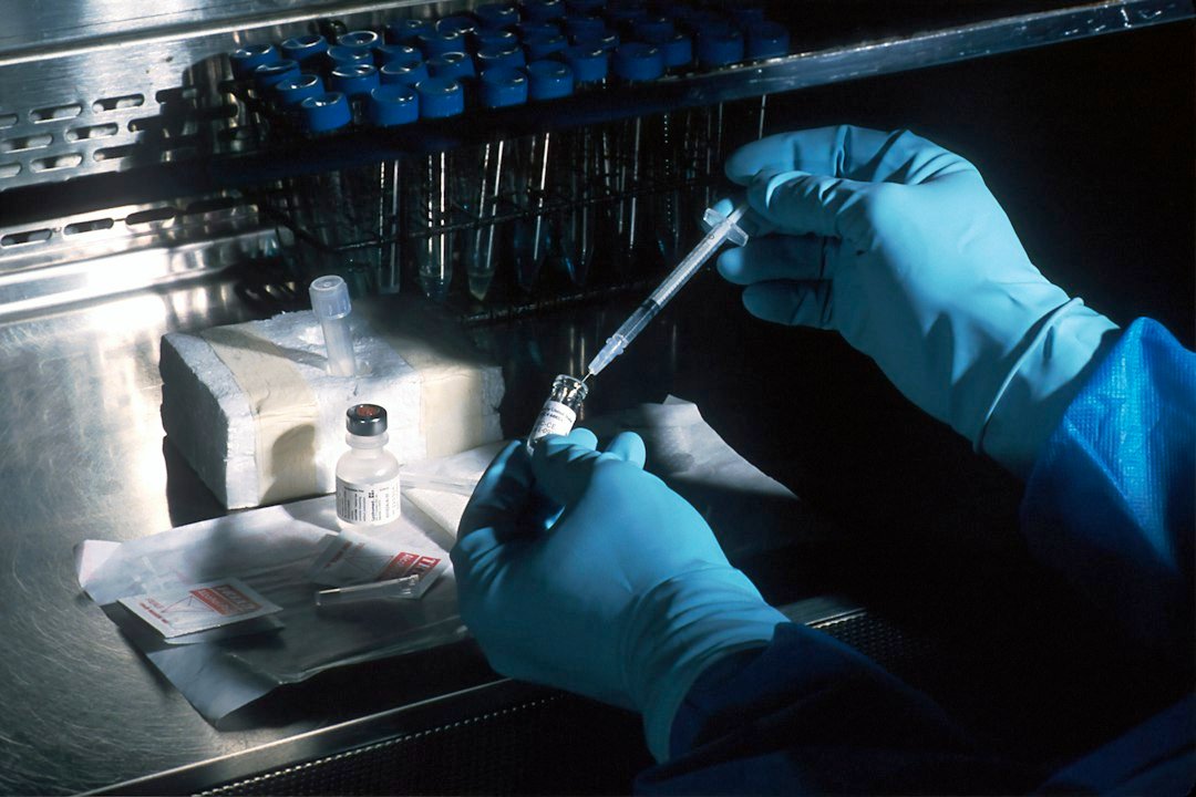 Gloved hands preparing material under a laboratory hood; representative photograph.