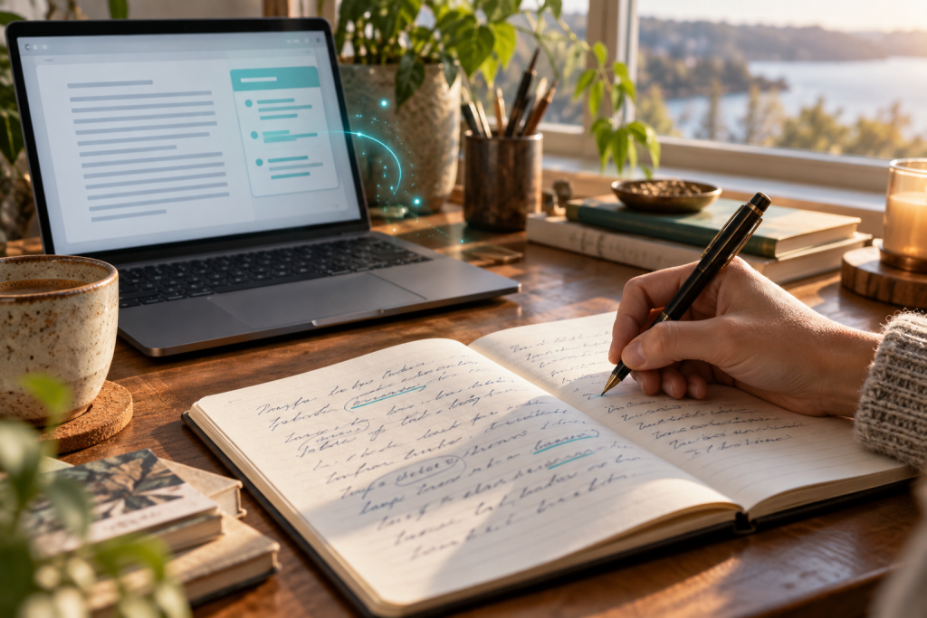 A writer revises a notebook draft beside a laptop displaying editing suggestions in warm window light.