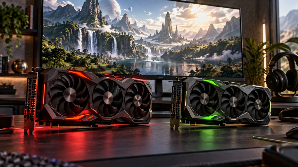 Red and green lighting around graphics cards beside a gaming monitor.