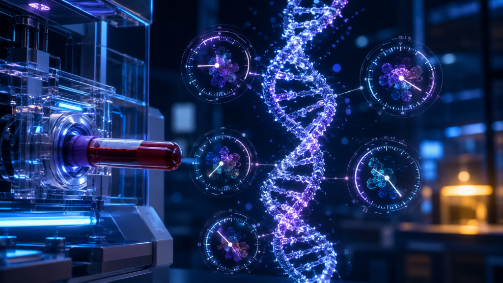 A blood sample and DNA helix surrounded by several biological-age clocks showing different readings.