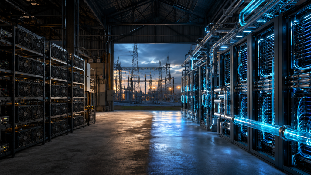 Bitcoin-mining machines transitioning into a liquid-cooled AI data centre beside an electrical substation