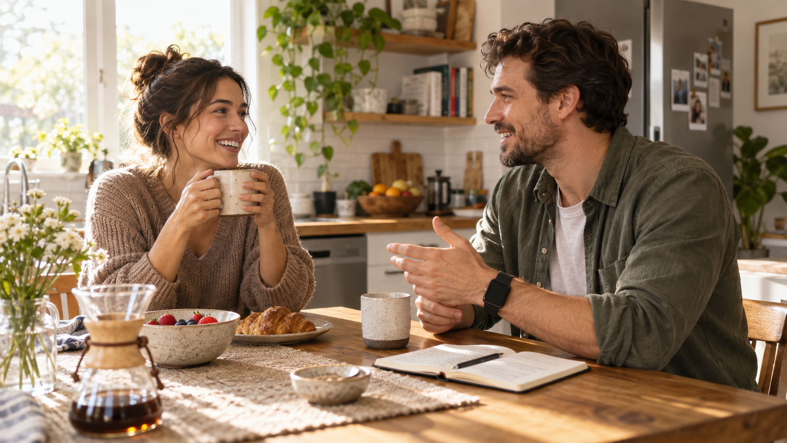 Two people talking over breakfast, with a smartwatch visible on one wrist.