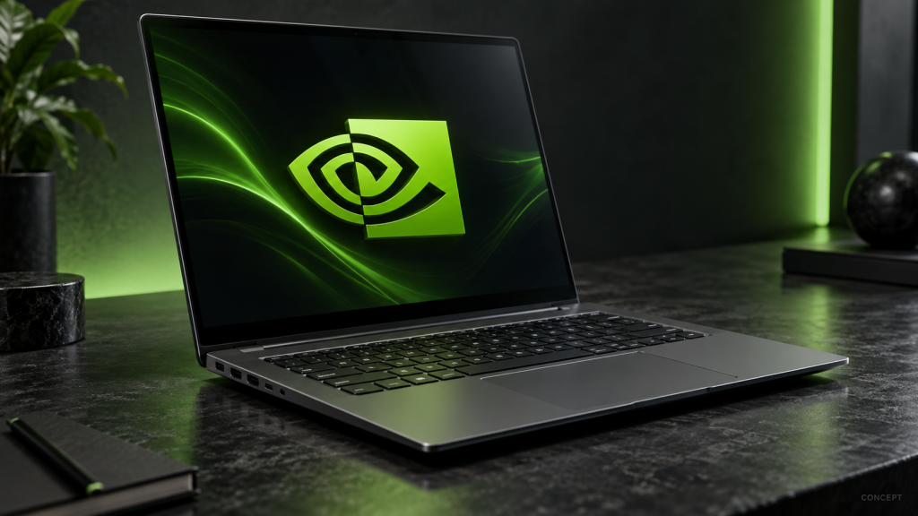 Nvidia RTX Spark laptop concept with a green Nvidia emblem on its screen.