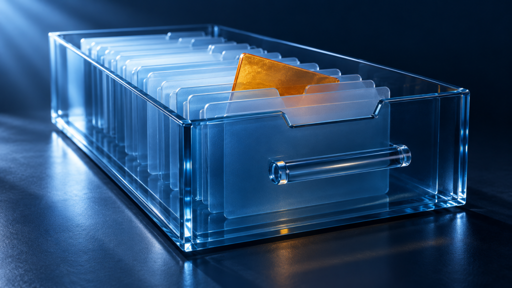 A translucent filing drawer with blue memory cards and one displaced amber card.