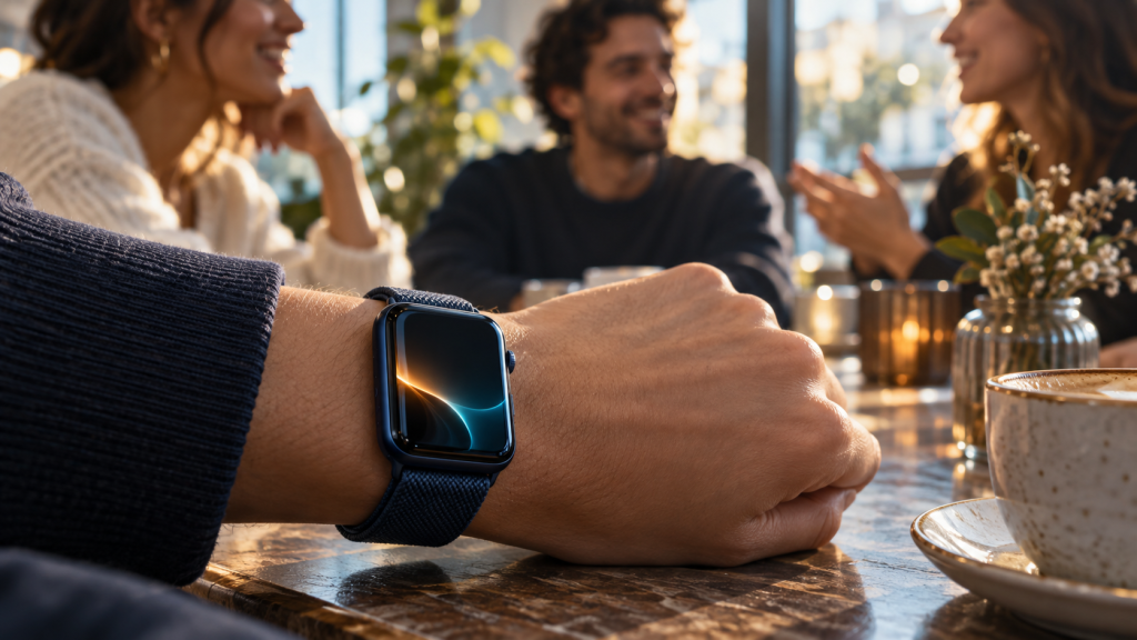 A dark smartwatch on a wrist in a café, illustrating wearable memory assistance.
