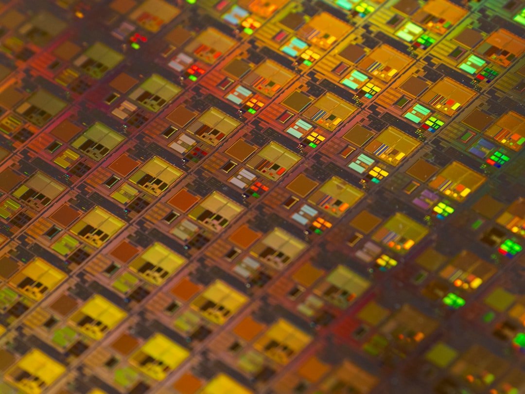 Close view of repeated patterns on a silicon wafer