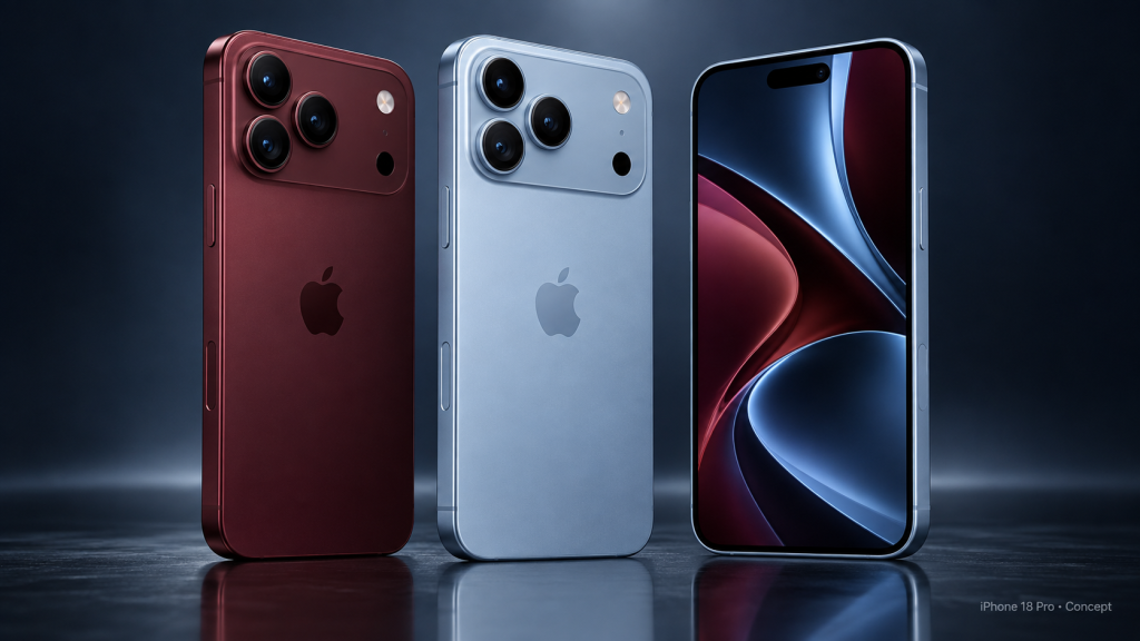iPhone 18 Pro concepts in dark cherry and sky blue, showing the front and rear designs.
