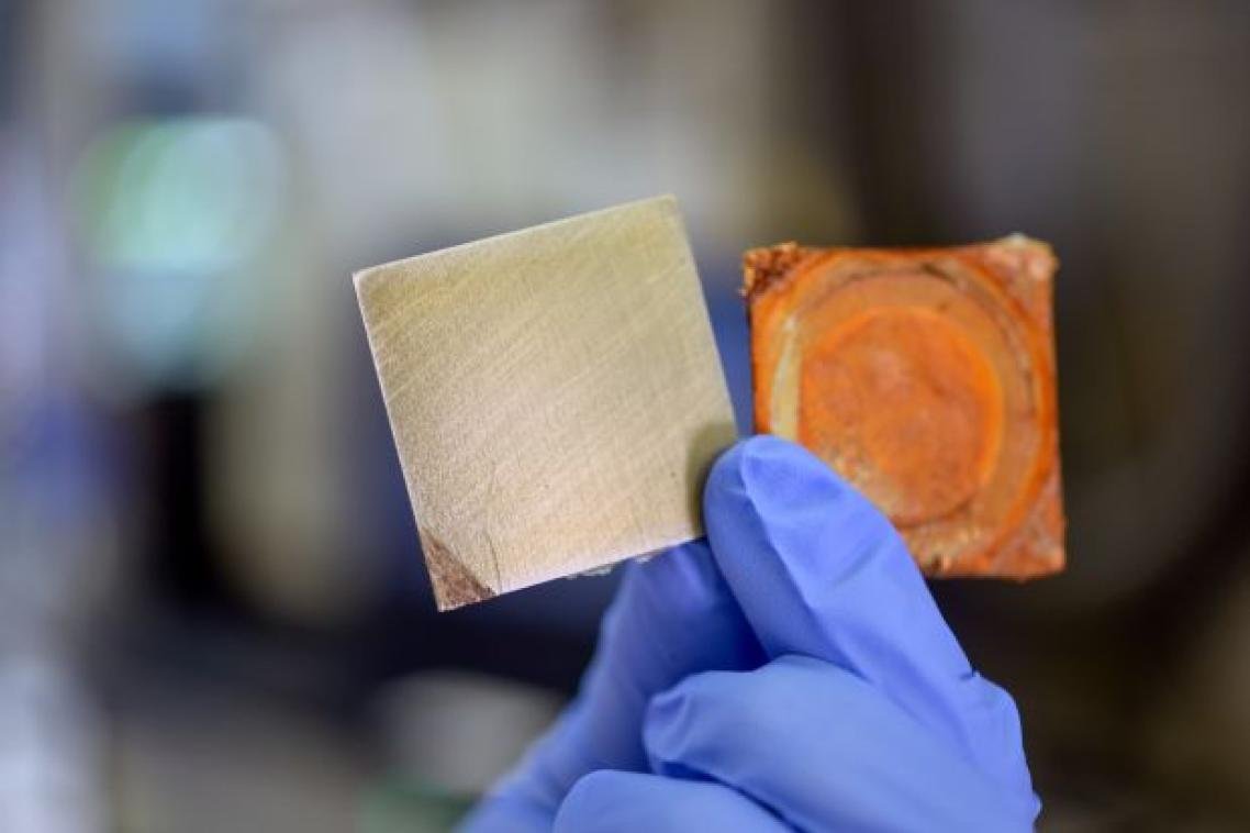 Researcher holding rusted and protected steel samples