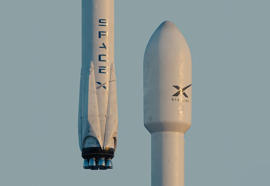 Composite image of SpaceX rocket hardware and a Starlink-branded fairing