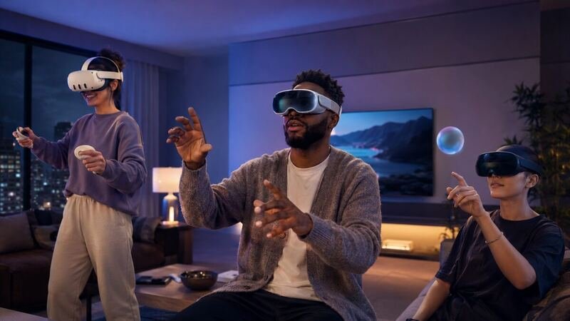Three people trying different virtual-reality headsets in a modern living room