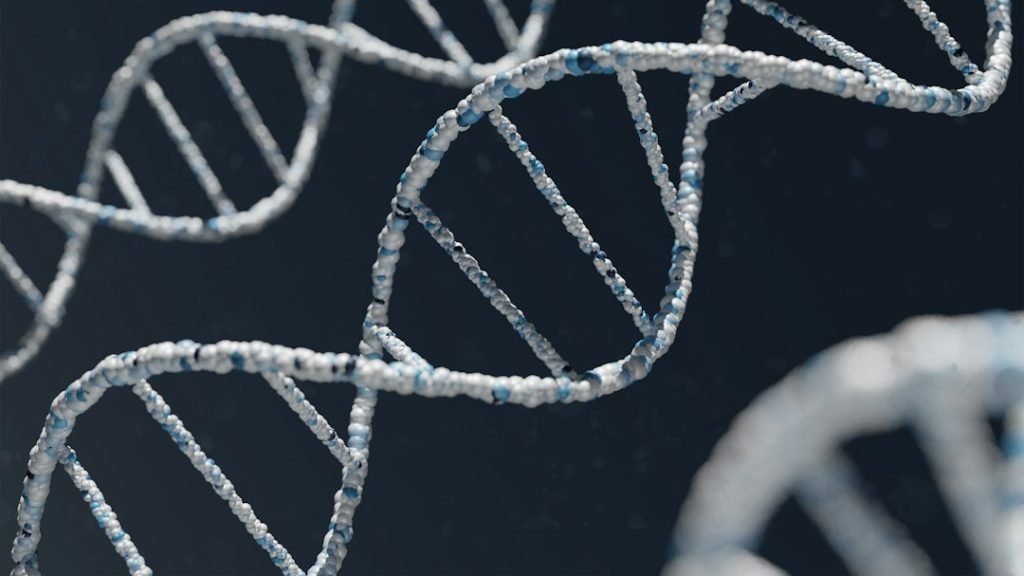 Conceptual DNA double helix representing programmable RNA and gene-editing cargo.