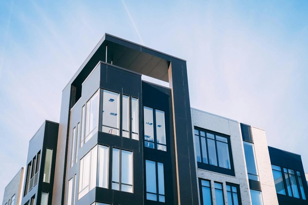 Modern apartment building viewed from below