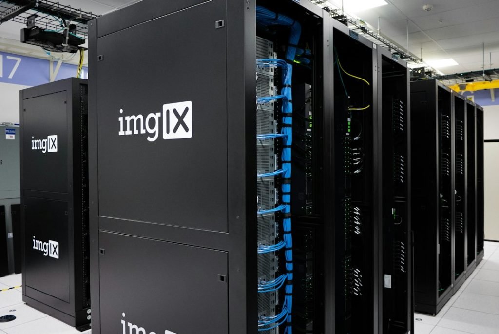Rows of server cabinets in an imgix data centre