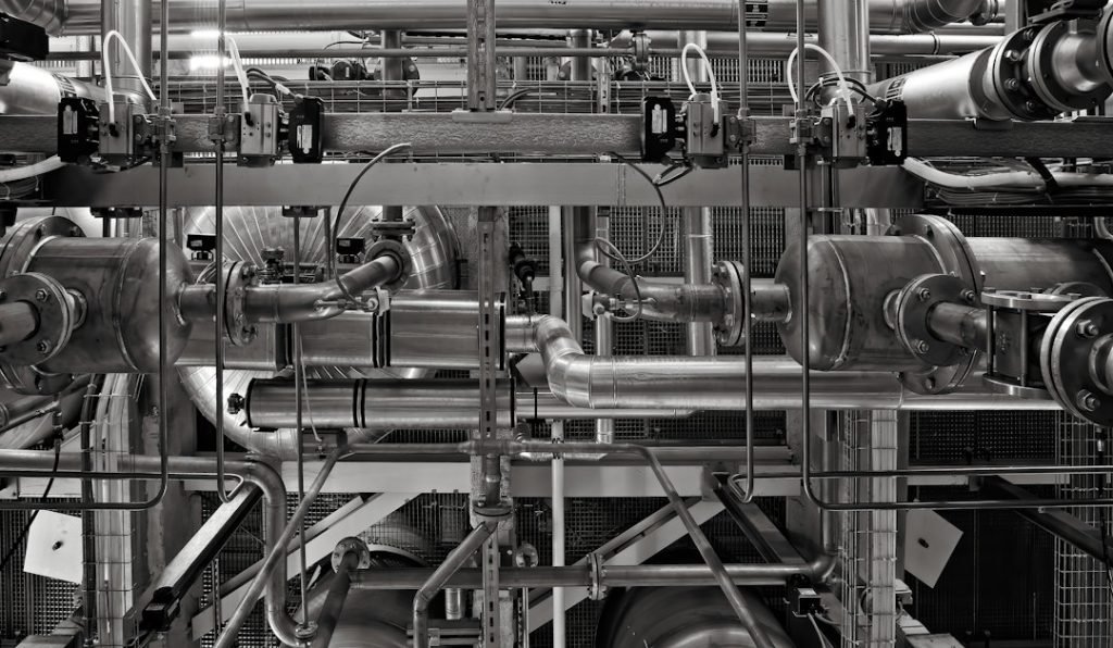 Large pipes and valves in an industrial installation
